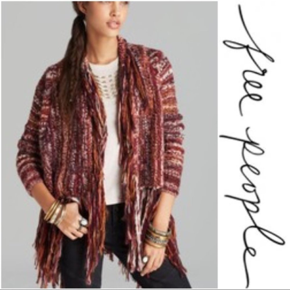 New FREE PEOPLE XS Burgandy fringe Cardigan